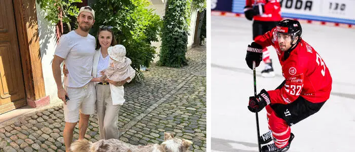 ÖEHV-Teamspieler Bernd Wolf mit seiner Frau Stephanie, Tochter Mila und Hündin Lev