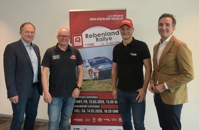 Bürgermeister Erich Plasch, Raimund Baumschlager, Mitorganisator und Rallye-Fahrer Günther Knobloch und WKO-Südsteiermark Regionalstellenobmann Dietmar Schweiggl freuen sich auf die heurige Rebenland Rallye