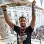 GRAZ,AUSTRIA,20.MAY.24 - SOCCER - ADMIRAL Bundesliga, SK Sturm Graz, end of season party. Image shows Jusuf Gazibegovic (Sturm) with the trophy.
Photo: GEPA pictures/ Hans Oberlaender