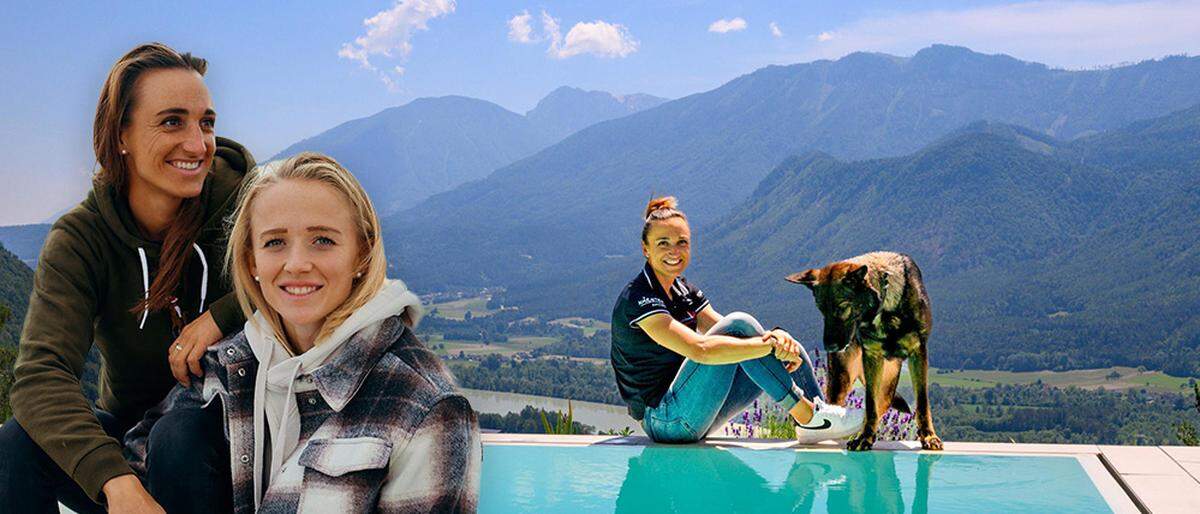 Lara Vadlau mit Schäferhündin Riva daheim am Pool, links mit Freundin Lea Schüller 