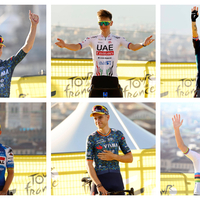 Jonas Vingegaard, Tadej Pogačar, Primož Roglič (oben von links), Remco Evenepoel, Wout van Aert und Mathieu van der Poel (unten von links)