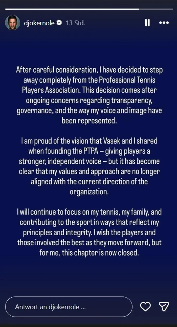 Mit diesem Posting erklärte Novak Djokovic seinen Rückzug aus der Spielergewerkschaft PTPA
