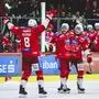 KLAGENFURT,AUSTRIA,24.MAR.24 - ICE HOCKEY - ICE Hockey League, play off semifinal, Klagenfurter AC vs HC Pustertal. Image shows the rejoicing of Nick Petersen, Thomas Vallant and Clemens Unterweger (KAC). Photo: GEPA pictures/ Daniel Goetzhaber