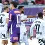 KLAGENFURT,AUSTRIA,12.NOV.23 - SOCCER - ADMIRAL Bundesliga, SK Austria Klagenfurt vs SK Sturm Graz. Image shows the rejoicing of Jon Gorenc-Stankovic, Gregory Wuethrich, Bryan Teixeira, David Affengruber and Tomi Horvat (Sturm). Photo: GEPA pictures/ Chris Bauer