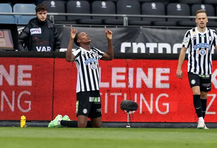 GRAZ,AUSTRIA,02.APR.23 - SOCCER - ADMIRAL Bundesliga, championship group, SK Sturm Graz vs SK Rapid Wien. Image shows the rejoicing of Emmanuel Esse Emegha (Sturm). Photo: GEPA pictures/ Hans Oberlaender
