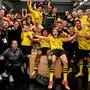 So feierten die BVB-Stars in der Kabine. Nicht zu sehen: Matchwinner Marcel Sabitzer