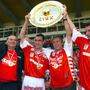 Vor 20 Jahren: Präsident Rudi Roth, Anton Ehmann, Trainer Walter Schachner und  Roland Kollmann feiern den ersten Meistertitel des GAK in der Südtstadt, sechs Tage davor stand der Titel fest 