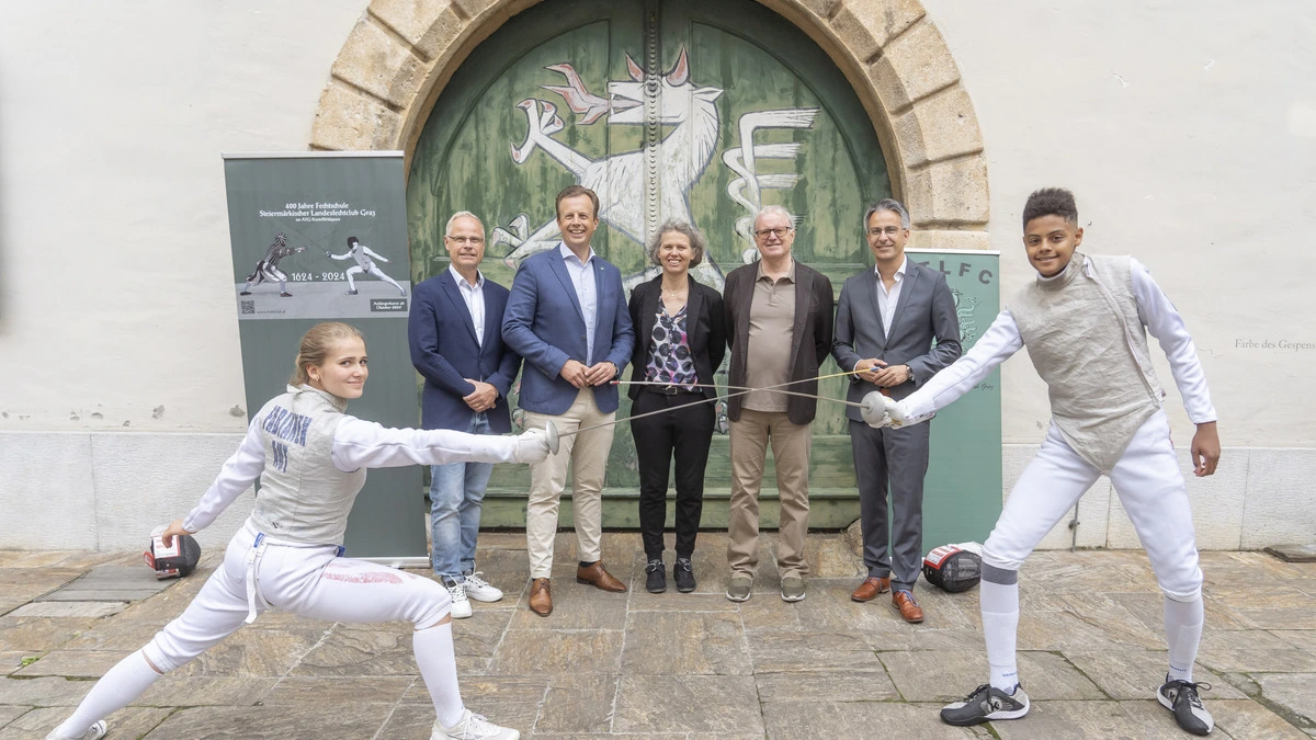 Fechterin Hanna Fabianek, Sportdirektor Sven Ressl, Landesrat Karlheinz Kornhäusl,  Ingrid Fabianek, Markus Mareich, Sportstadtrat Kurt Hohensinner und Lamine Rauter (von links)