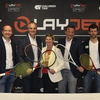Rührten die Werbetrommel: Christian Lenz (Gemeindekassier Bad Waltersdorf), Gernot Deutsch (Geschäftsführer Heilthermen Resort Bad Waltersdorf), Barbara Muhr (Präsidentin des Steirischen Tennisverbandes), Sascha Freitag (Turnierdirektor), Jürgen Melzer (ÖTV-Sportdirektor), Dennis Novak (ÖTV-Spitzenspieler)