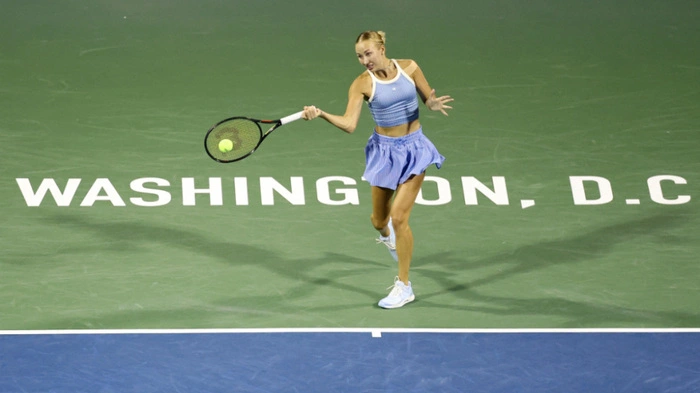 WASHINGTON, DC - JULY 28: Anastasia Potapova of Austria returns a shot during a women's singles match against Venus Williams of the United States on day two of the Mubadala Citi DC Open 2026 at William H.G. FitzGerald Tennis Center on July 28, 2026 in Washington, DC. Emilee Chinn/Getty Images/AFP (Photo by Emilee Chinn / GETTY IMAGES NORTH AMERICA / Getty Images via AFP)