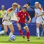 Jule Brand, DFB Frauen 16 compete for the ball, tackling, duel, header, zweikampf, action, fight against Aitana Bonmati, Spain 6 at the women Olympic Bronze Medal match GERMANY - SPAIN 1-0 at Stade de Lyon in Lyon at Aug 9, 2024 in Lyon, France. Season 2024/2025