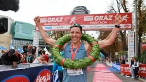 GRAZ,AUSTRIA,13.OCT.24 - RUNNING - Graz Marathon. Image shows the rejoicing of Lukas Hollaus (AUT). Photo: GEPA pictures/ Wolfgang Grebien