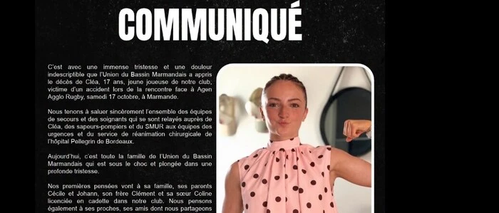 Der Rugby-Klub Union du Bassin Marmandais trauert um seine Spielerin Cléa Menier