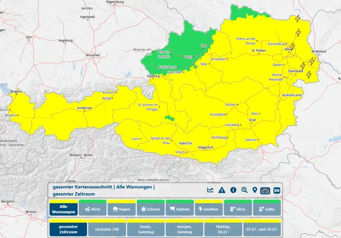 Bis auf wenige Ausnahmen gibt es aktuell Regenwarnungen in Österreich (gelb)