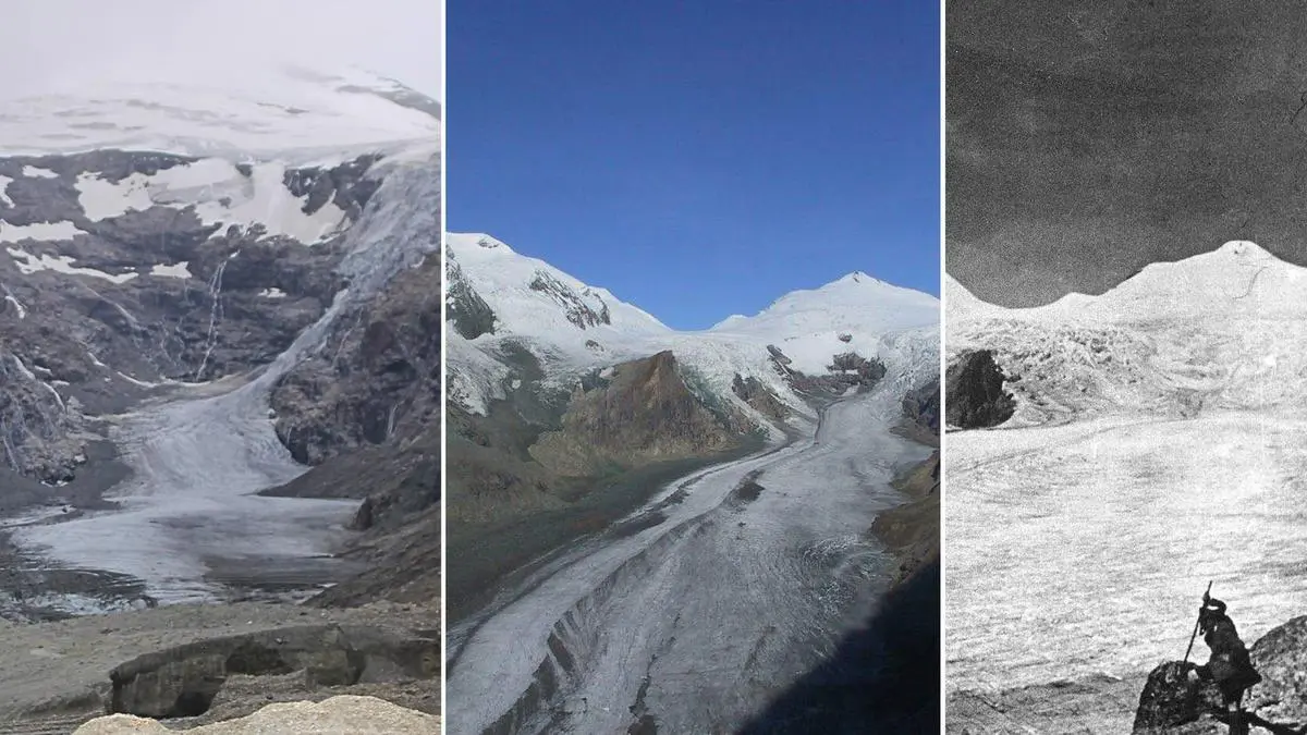 Der Rückgang der Pasterze: Aufnahmen aus den Jahren 1920 (rechts), 2006 (Mitte) und 2023 (links)