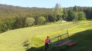 Eine Frau mäht eine große grüne Wiese mit einem landwirtschaftlichen Gerät