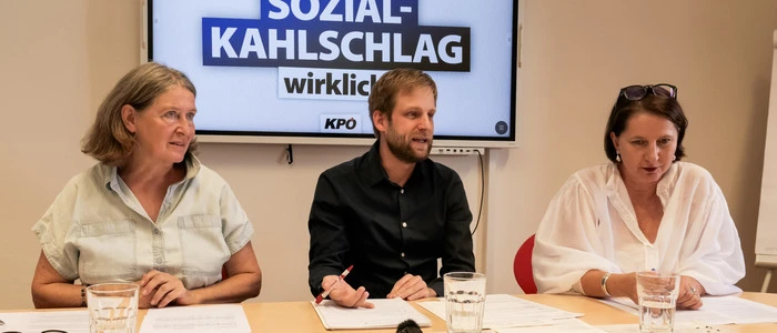 Die Grazer Bürgermeisterin Elke Kahr, Abgeordneter Alexander Melinz (beide KPÖ) und Andrea Prieschl-Höllmüller (Sozialarbeiterin im Landtagsklub)  