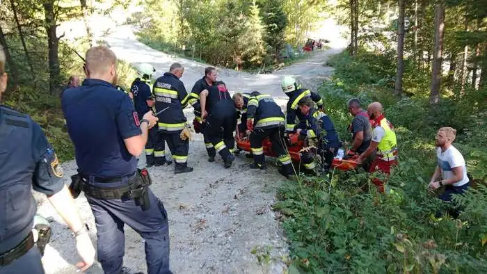 Mit der Trage wurde die verletzte Person aus dem Waldstück geborgen