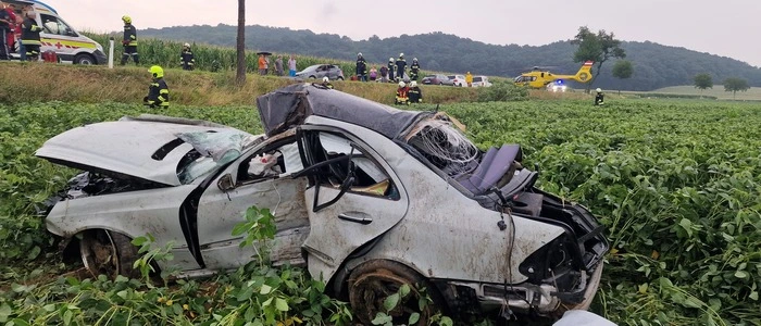 Das Auto wurde nach dem Aufprall gegen den Baum in ein angrenzendes Feld geschleudert. Die drei Insassen wurden schwer verletzt