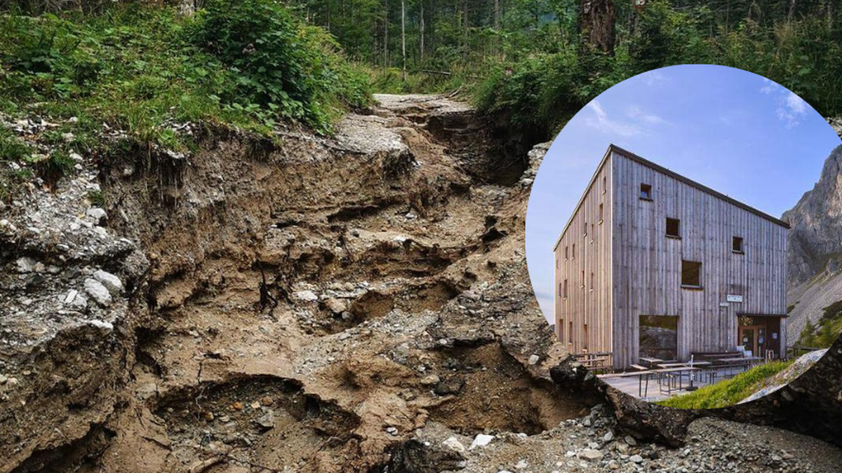 Der desolate Weg (großes Bild) zur Voisthalerhütte (kleines Bild) 