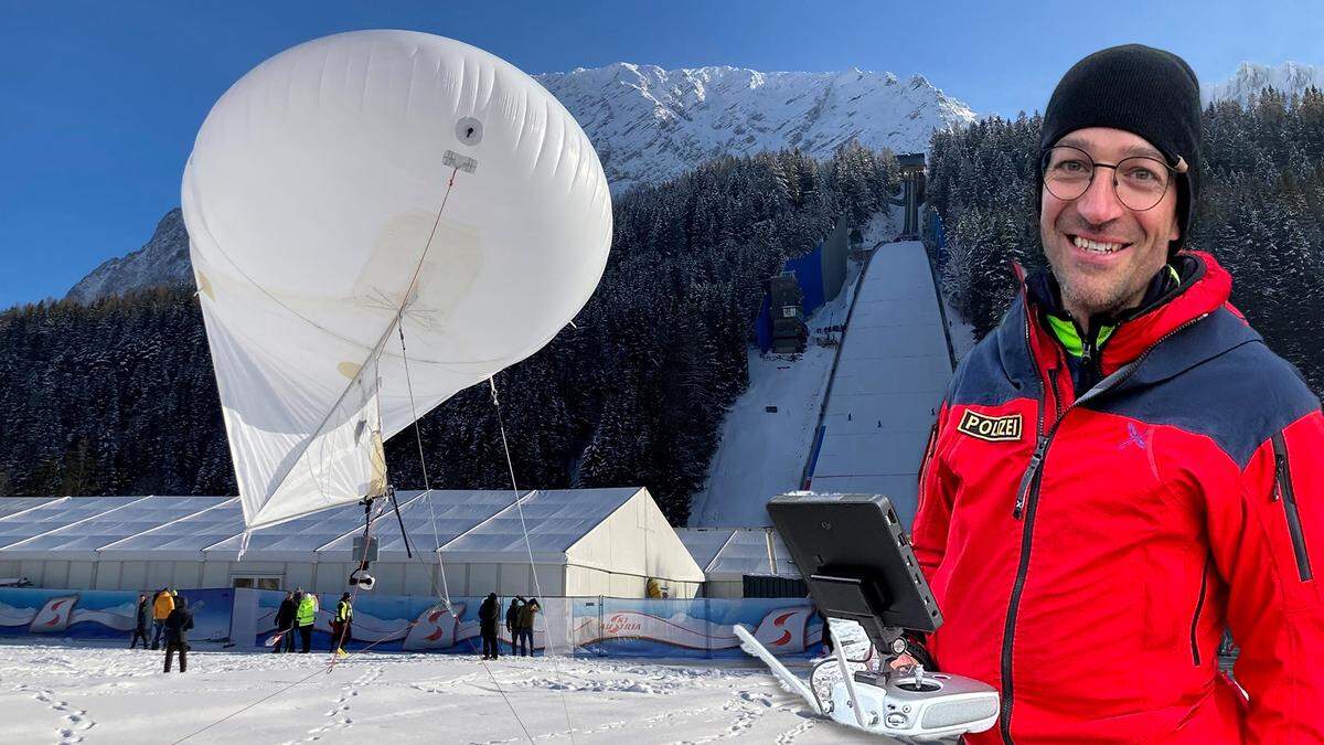 Andreas Kofler am Kulm mit dem Sicherheitsballon