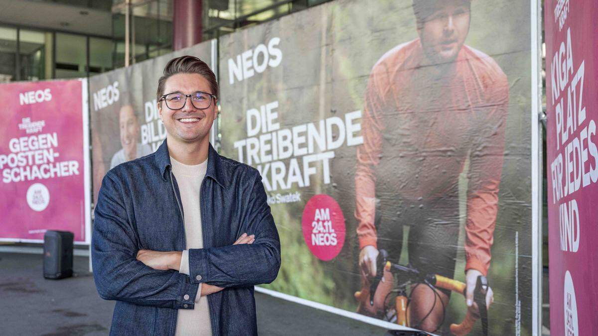 Spitzenkandidat Niko Swatek vor den Plakaten