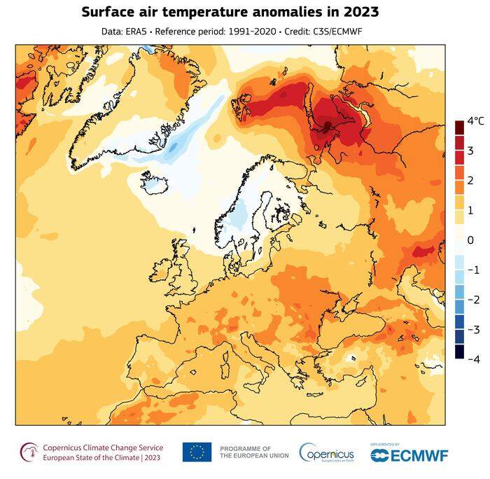 Die Temperaturen in Europa 2023 verglichen mit den mittleren Werten der Zeitspanne 1991 bis 2020