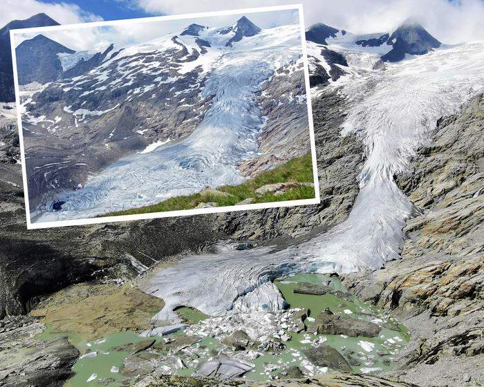Der Schlatenkees verlor im Vorjahr mehr als 90 Meter Länge. Zum Vergleich im kleinen Bild: So sah der Gletscher noch 2019 aus