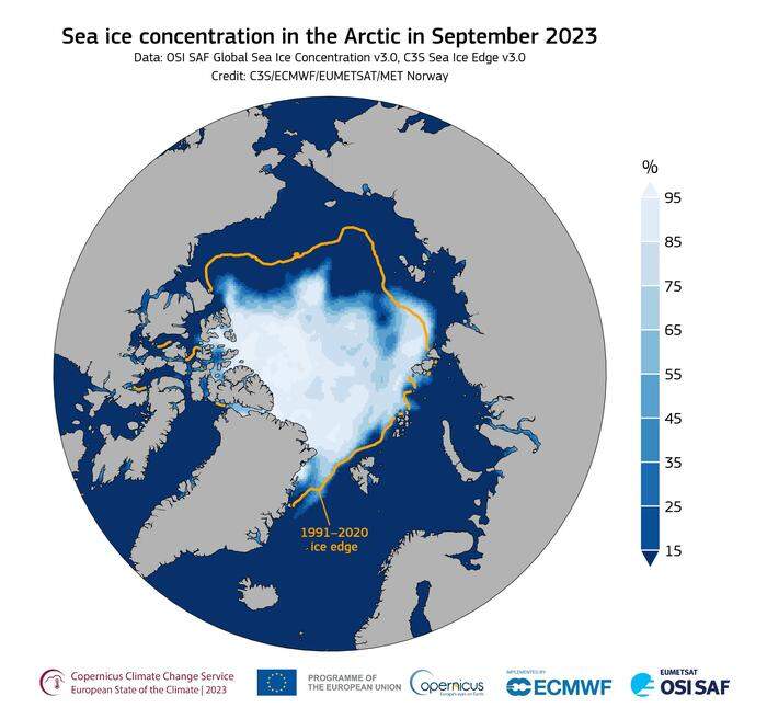 Die Ausdehnung des arktischen Meereseises im September 2023 verglichen mit den durchschnittlichen Septemberwerten der Jahre 1991 bis 2020