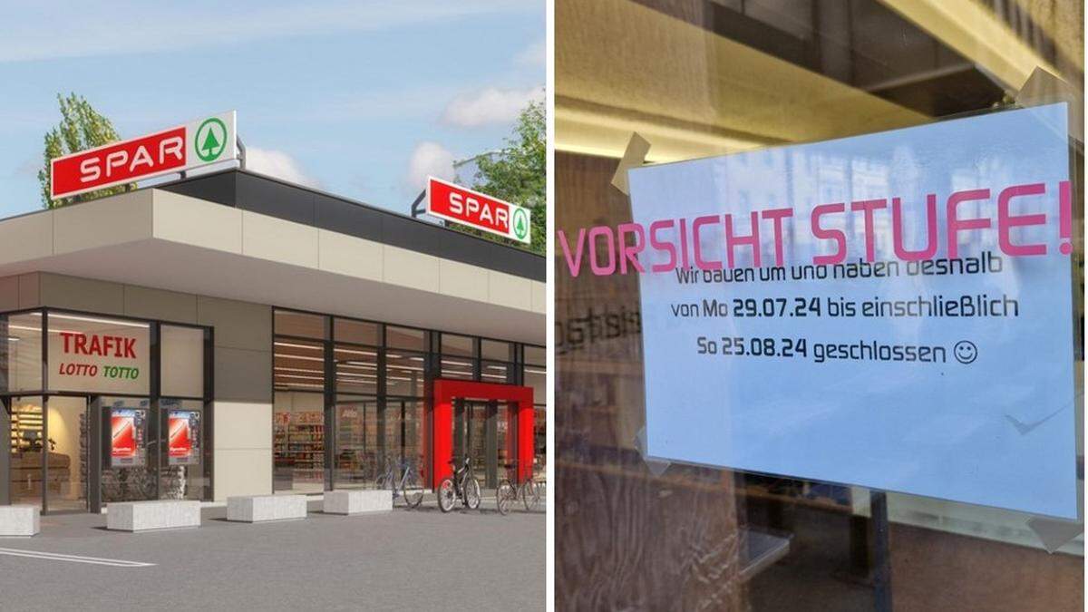 Links ein Ausblick auf den künftigen Spar in Andritz, rechts die Pausenankündigung bei Tribeka in Leonhard