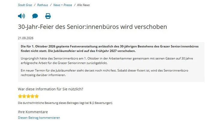 Die Mitteilung der Stadt auf www.graz.at