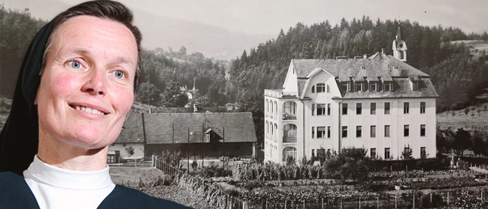 Ein altes Schwarzweißbild zeigt das Kloster aus der Ferne, eine Montage davor Schwester Roswitha