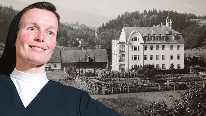 Ein altes Schwarzweißbild zeigt das Kloster aus der Ferne, eine Montage davor Schwester Roswitha