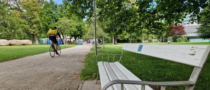 Grazer Augarten: Die neue und strahlend weiße Sitzbank sticht sofort ins Auge