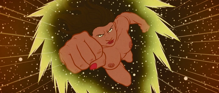 Bild zeigt eine Comicfigur: Eine nackte Frau, die mit hochgereckter Faust kämpferisch durchs Weltall schwebt | Monika Donner als Comic-Heldin: Das Filmporträt nähert sich der vielschichtigen Frau auch auf vielschichtige Weise an