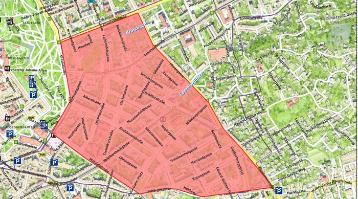 Das Gebiet, in dem das neue Anrainerparken im Herz-Jesu-Viertel gilt, auf einem Stadtplan eingezeichnet