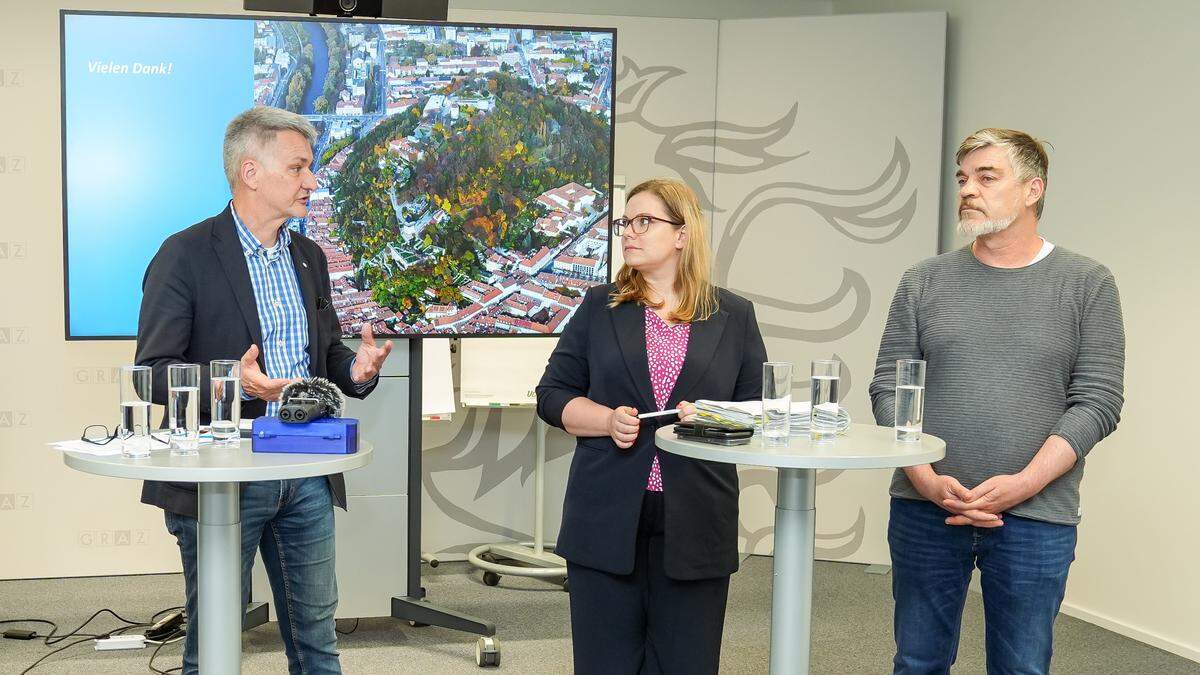 Die Stadion-Koalition: Finanzstadtrat Manfred Eber (KPÖ) und die Klubchefs Daniela Schlüssenberger (SPÖ) und Karl Dreisiebner (Grüne)