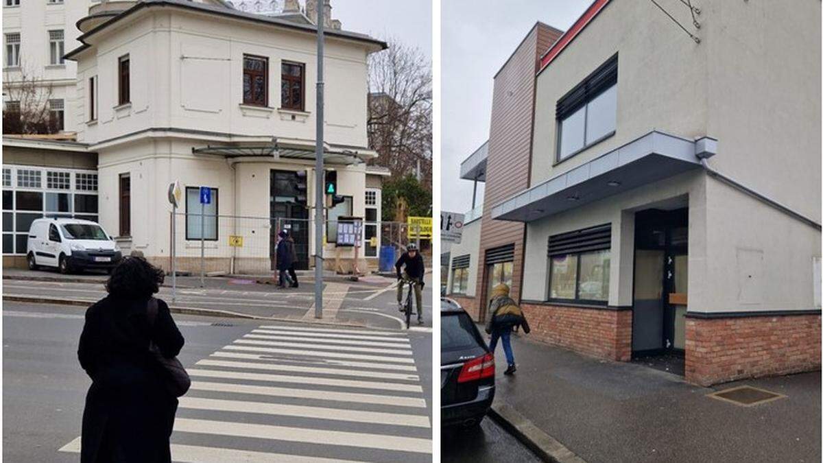 Links der „Pavillon“ vor dem LKH, rechts der früher Burger King