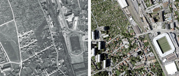 Das Areal rund ums Liebenauer Stadion im Jahr 1959  und heute