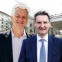 Fotomontage: Manfred Eber und Gert Heigl vor dem Hauptgebäude der Holding Graz freigestellt