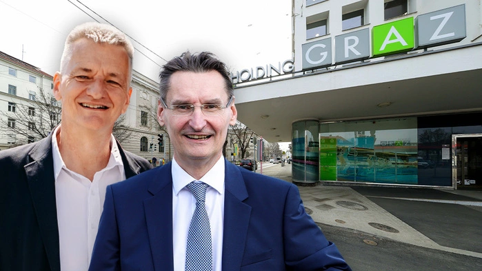Fotomontage: Manfred Eber und Gert Heigl vor dem Hauptgebäude der Holding Graz freigestellt