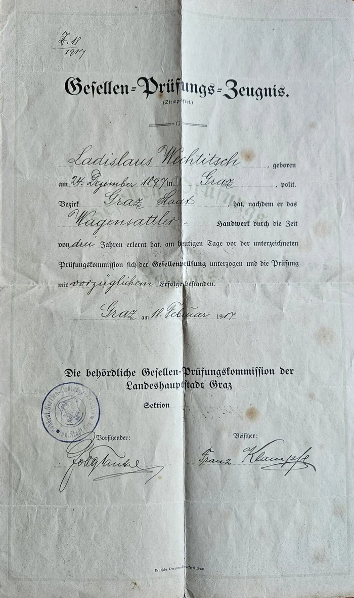 „Wagensattler-Handwerk“: das Prüfungszeugnis für den Firmengründer