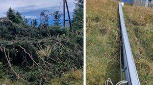 Gekappte Bäume, umgeworfener Mast am Schöckl