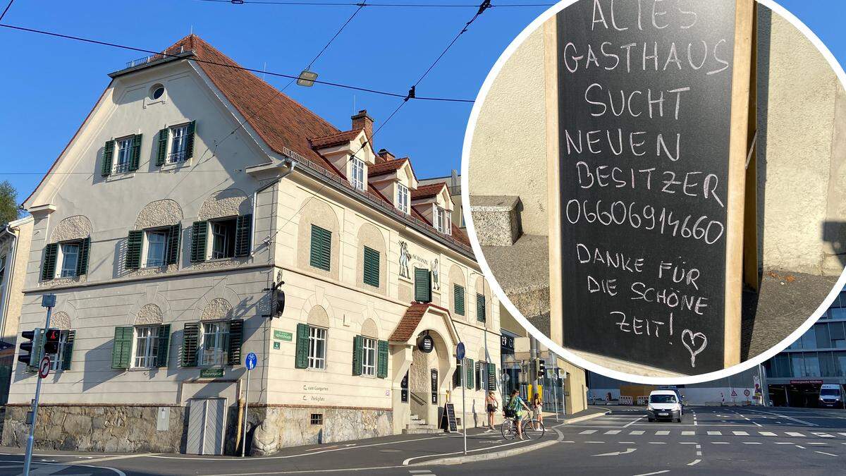 Auf einer Tafel sucht man neue Besitzer für den Schanzlwirt in Graz