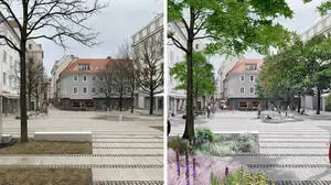 Ein Rendering-Vergleich: Links der neue Tummelplatz im tristen November, rechts das offizielle Rendering der Stadt