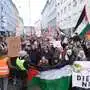 Zahlreiche Palästina-Flaggen wurden bei der Demo geschwenkt. Mit dabei auch der Botschafter Palästinas in Österreich, Salah Abdel Shafi (Bildmitte)