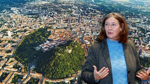 Elke Kahr hineinmontiert in eine Luftbildaufnahme mit Schwerpunkt Schloßberg, wo man aber auch weit in den Süden hinein sieht