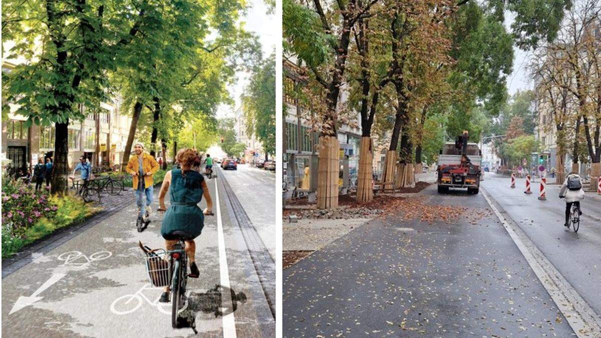 So soll der neue Radweg künftig aussehen (links), so ist die aktuelle Lage kurz vor dem Zieleinlauf (rechts)