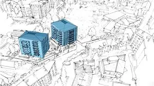 Blau die geplanten Gebäude, im Hintergrund das Schulareal mit seinen großen Freiflächen, das unbebaut bleibt