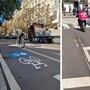 Links die neuen Markierungen für den Innenstadt-Radring, rechts die frischen Symbole in der Annenstraße